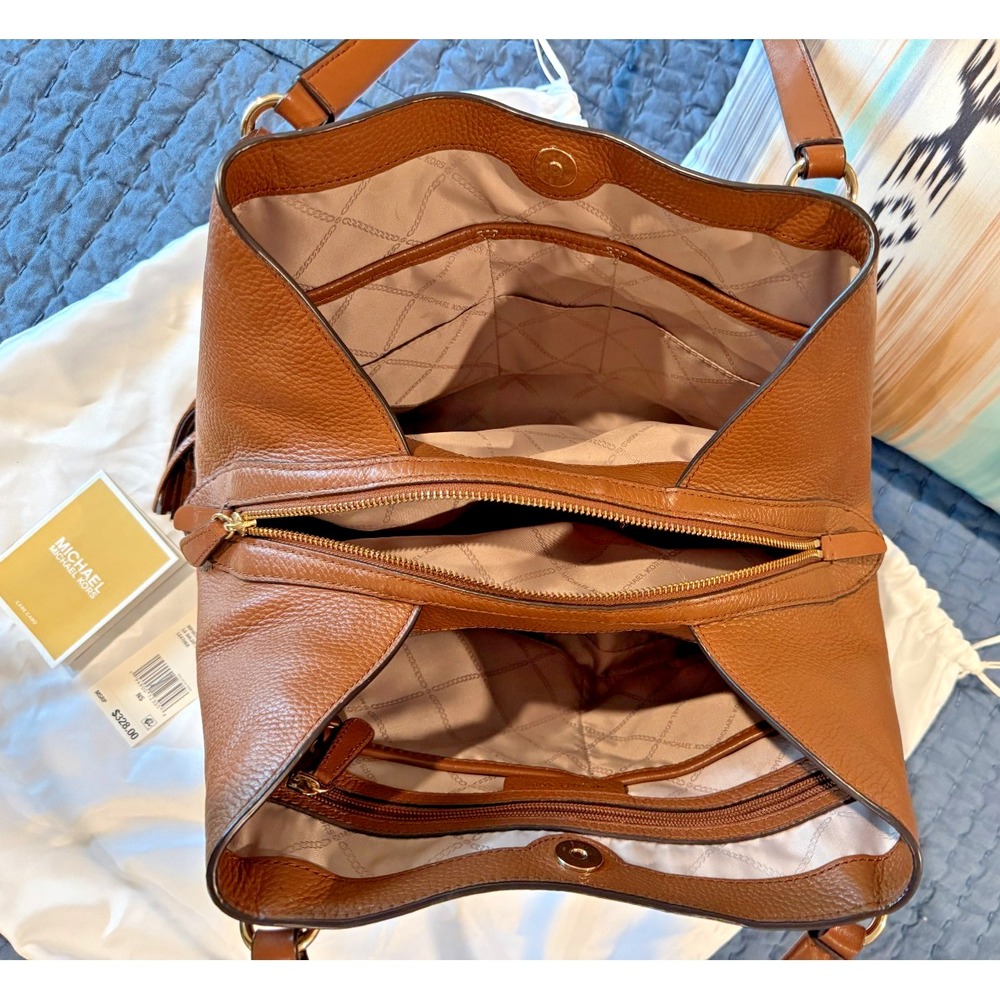 Michael Kors Carrie Large Pebbled Leather Tote Bag Luggage Brown Gold Hardware - Picture 11 of 16